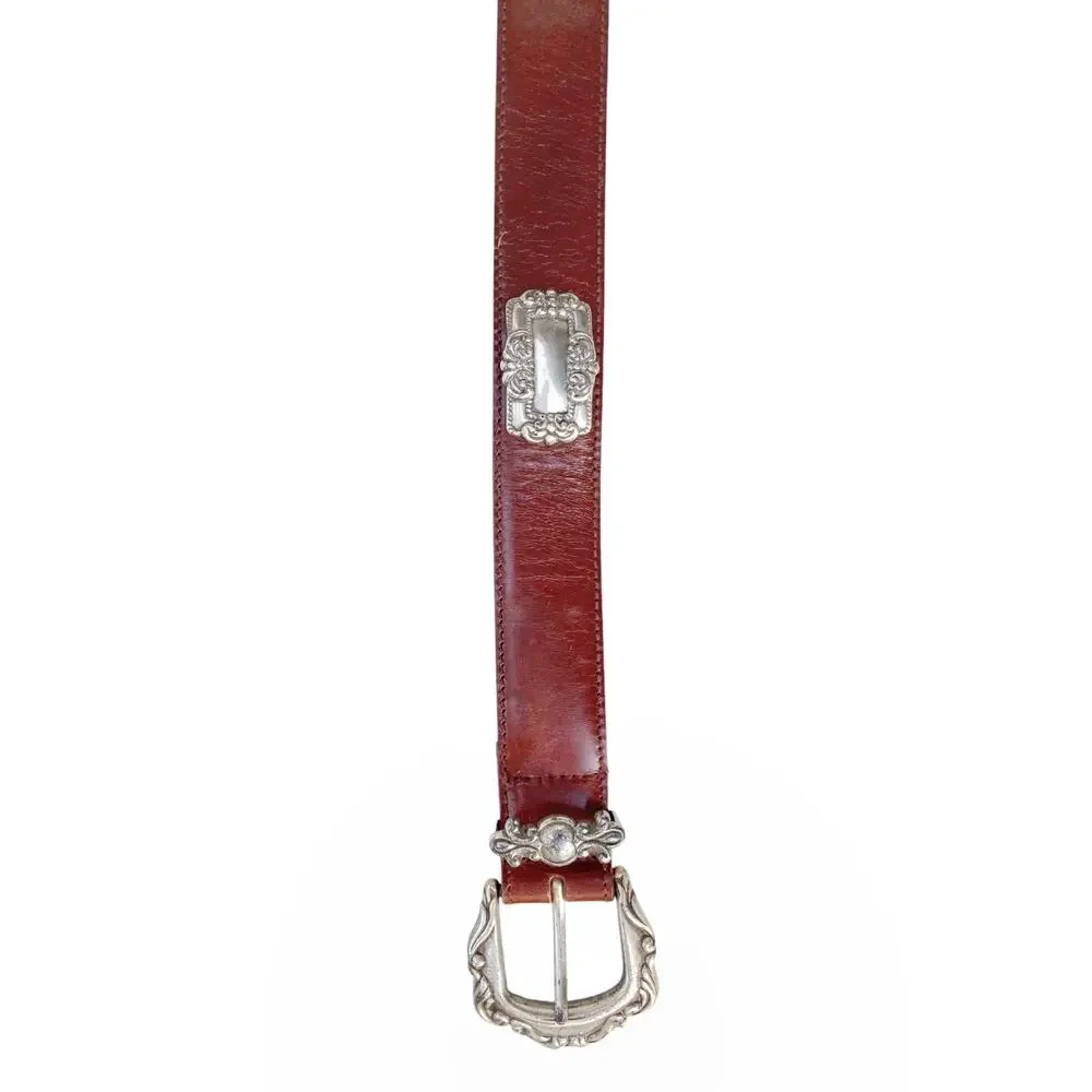 Vintage Fossil Cognac Leather Concho Belt Western Silver Floral Buckle Y2K Ranch